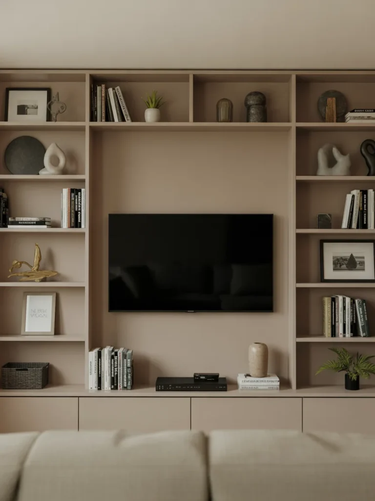 TV wall with open shelving and built-in storage