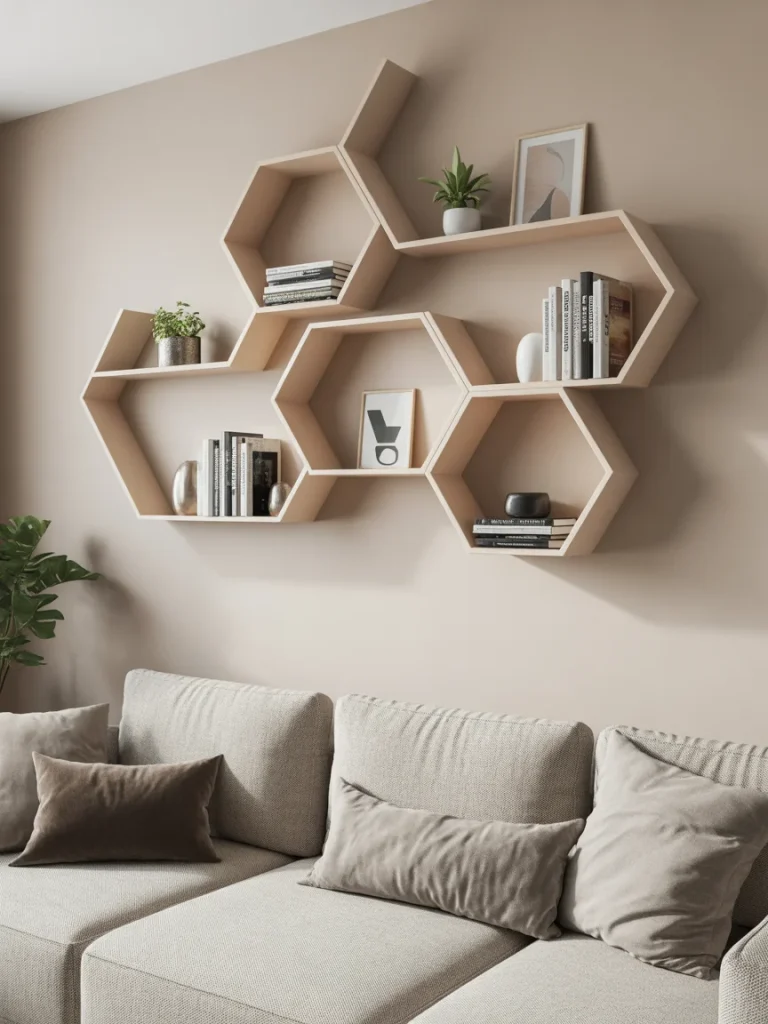 Unique hexagon floating shelves arranged in a geometric pattern above a modern neutral sofa