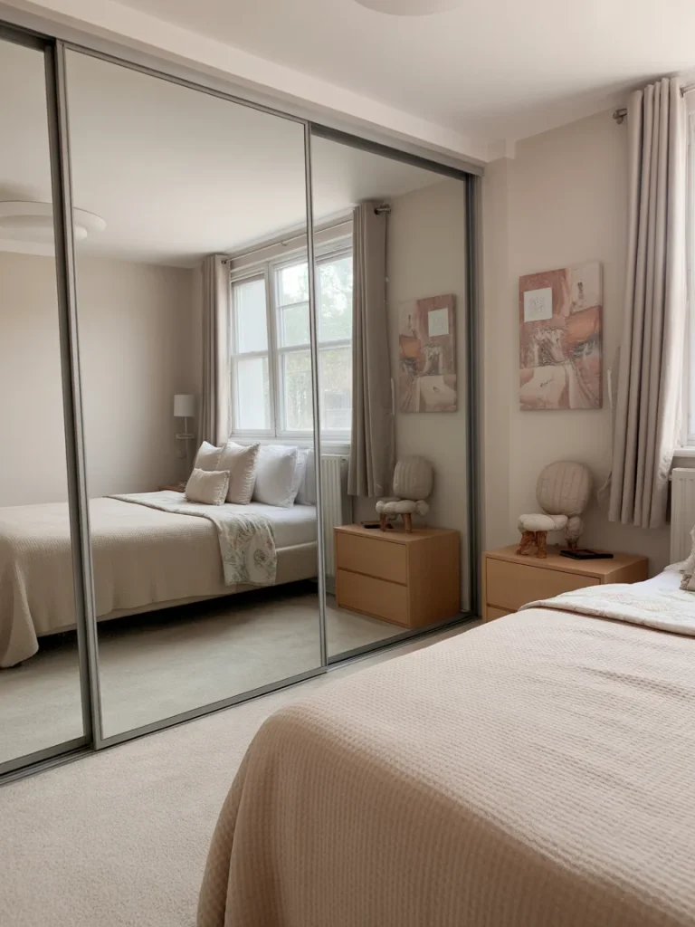 Tiny bedroom with mirrored closet doors reflecting bed and window