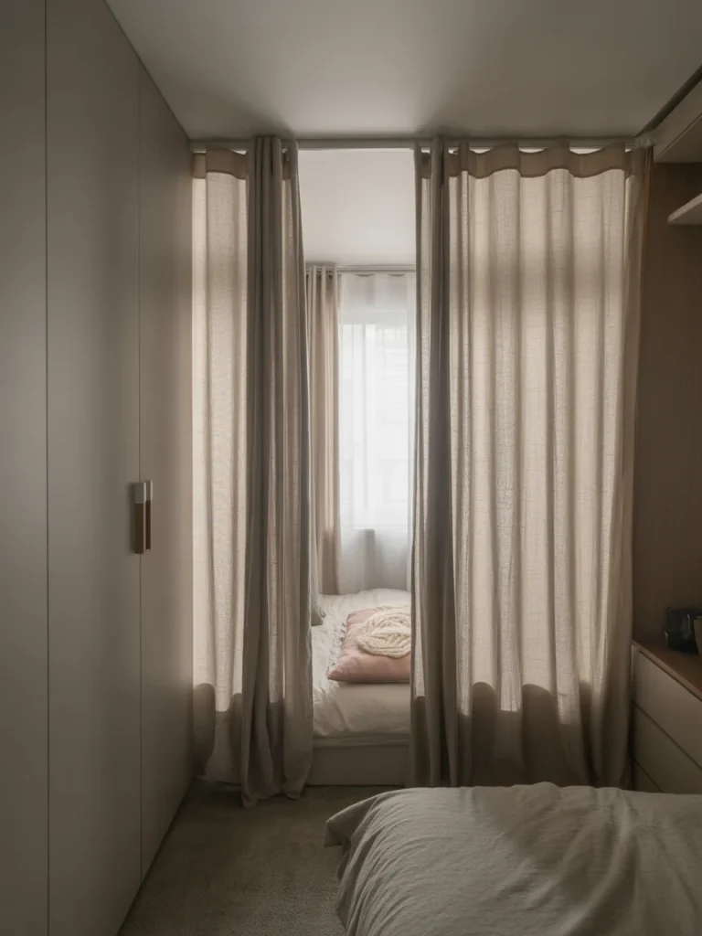 Tiny bedroom with space-saving curtains dividing sleeping area