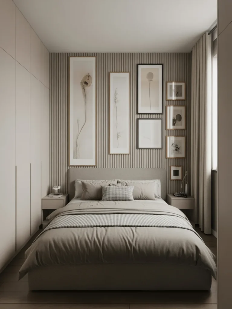 Tiny bedroom with vertical wall decor and gallery art drawing the eye upward