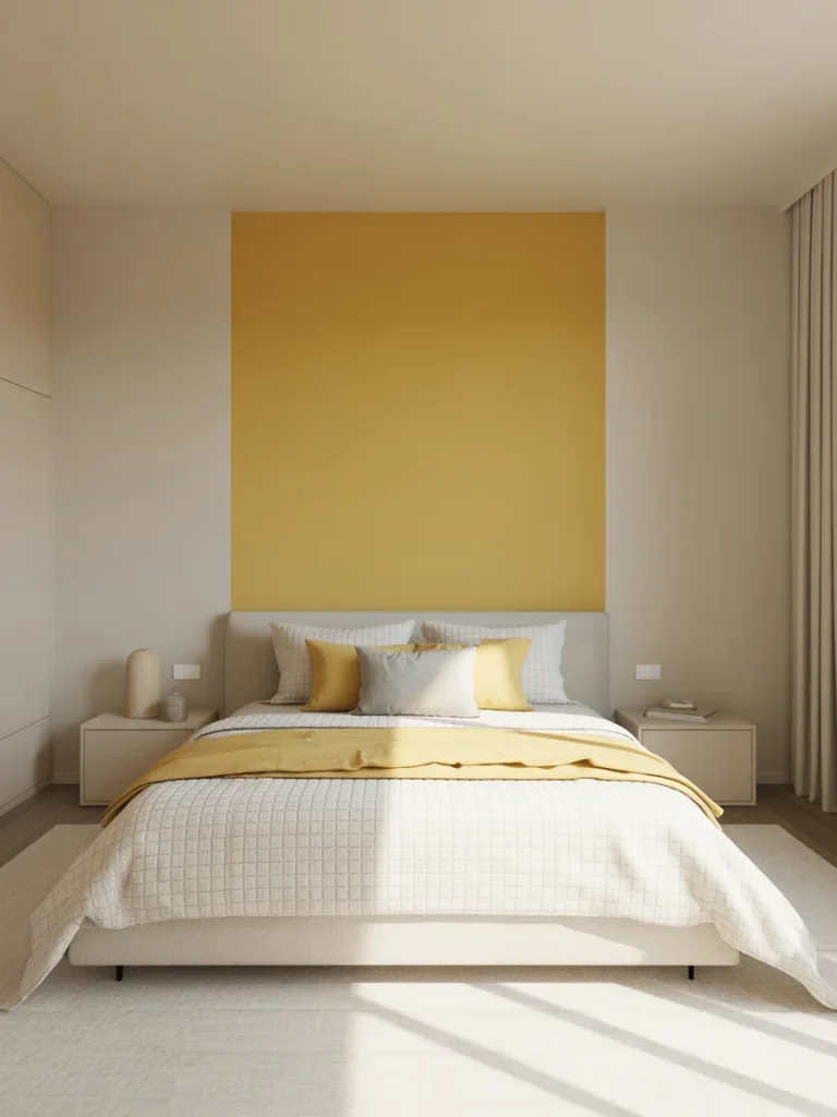 Minimal bedroom with yellow accent wall behind a white bed