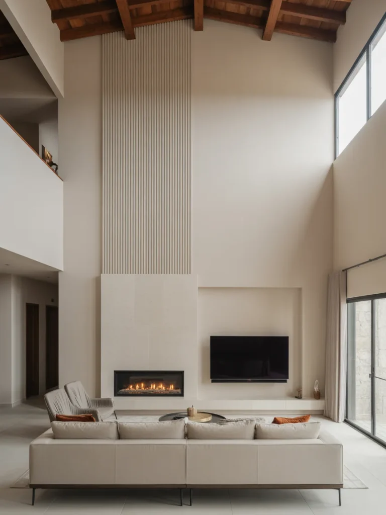 Vertical fireplace and TV wall design with high ceilings, neutral tones, and modern living room layout