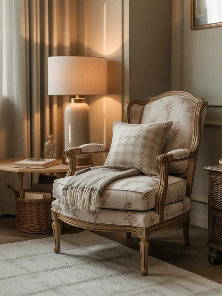 Vintage-inspired reading nook with upholstered armchair and warm lamp lighting