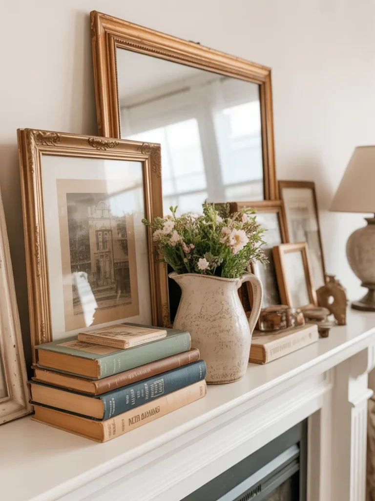Vintage spring mantel decor with gold frames, books, and floral pitcher