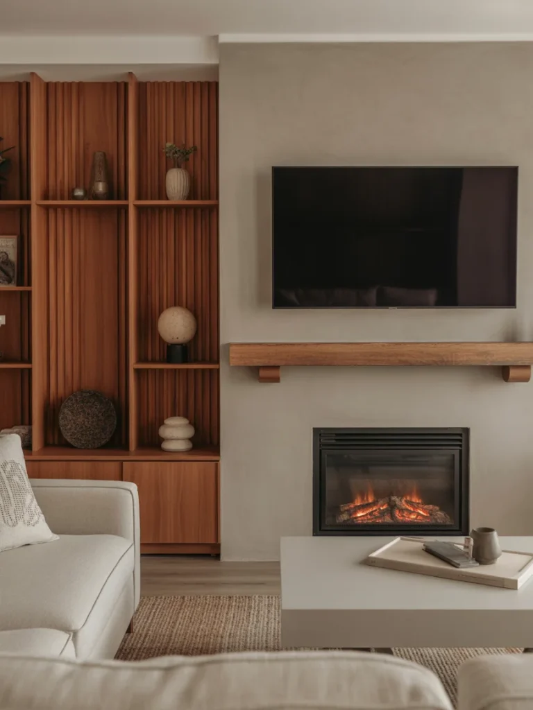 Warm and cozy fireplace and TV feature wall with wood shelving and neutral living room decor