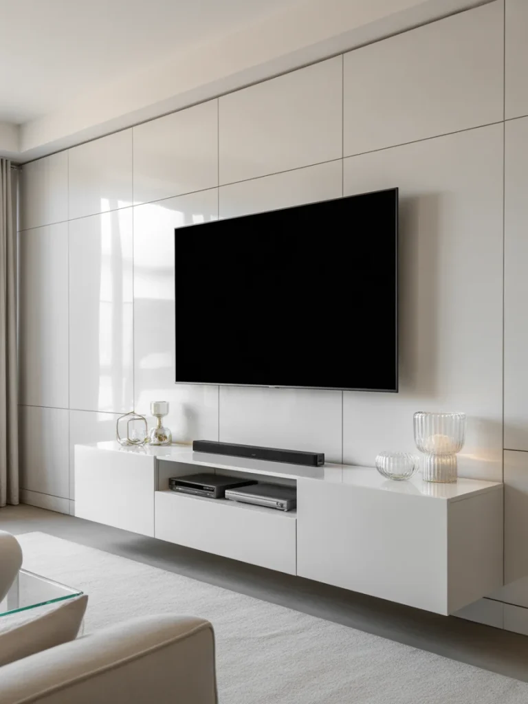 White and bright basement TV wall with glossy panels and floating console