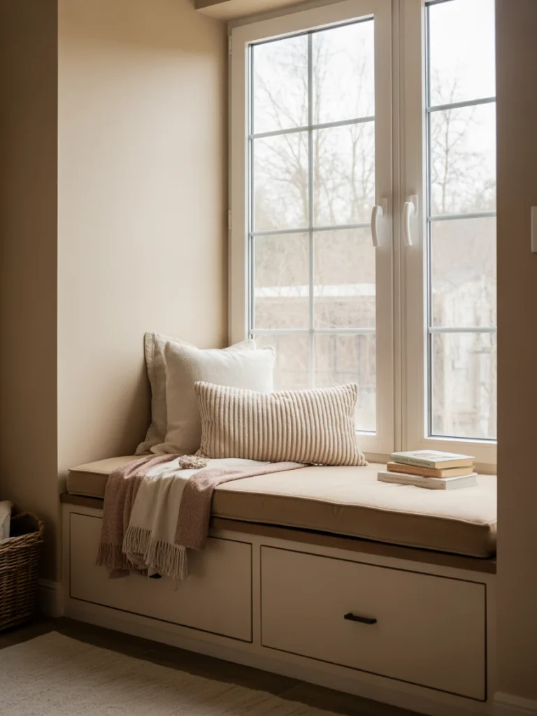 Cozy window seat with cushions and books by a large window
