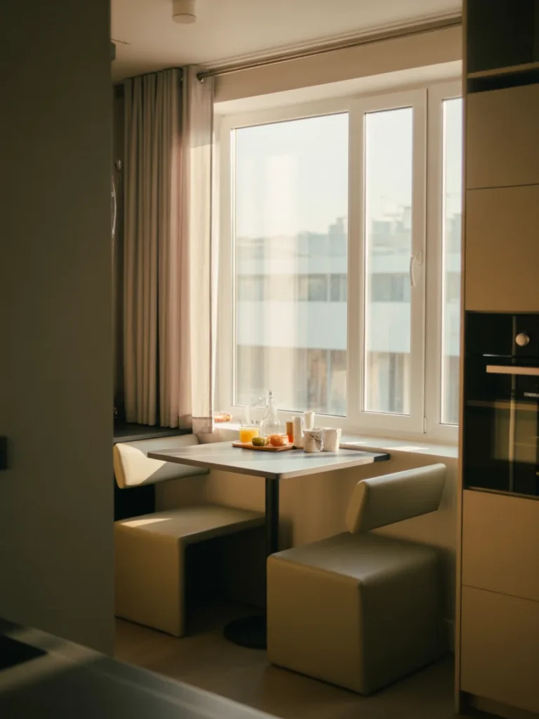 Window-side breakfast nook with compact table and seating filled with natural light