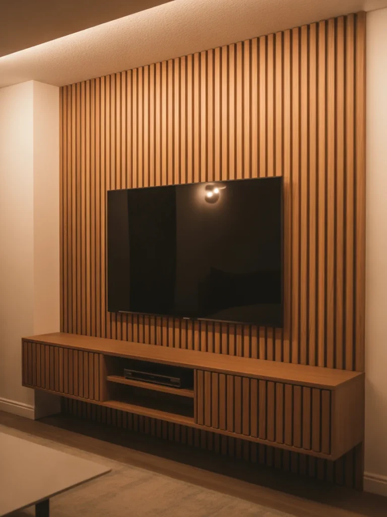 Wood slat accent wall with mounted TV and floating media console