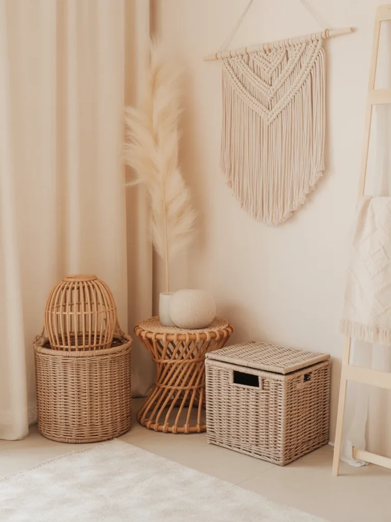Woven boho decor accents with baskets and macramé wall hanging in neutral tones