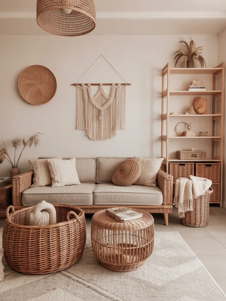 Boho living room with woven handmade decor and rattan accents