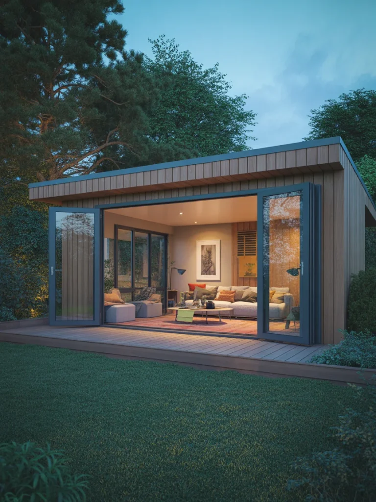 Year-round garden room extension with insulated walls and large glass doors