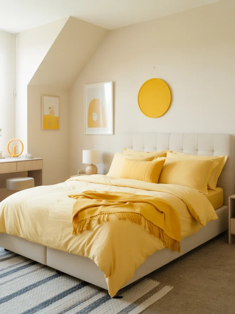 Teen or guest bedroom with yellow bedding and coordinated yellow wall decor