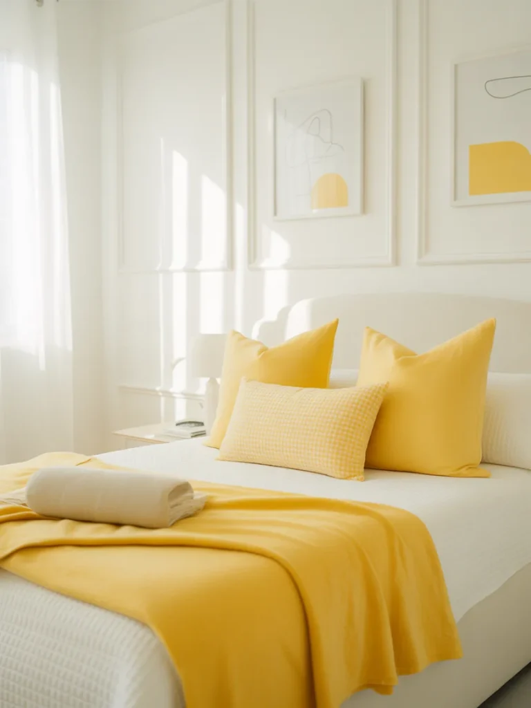 Yellow and white bedroom with bright yellow pillows and throw on a white bed
