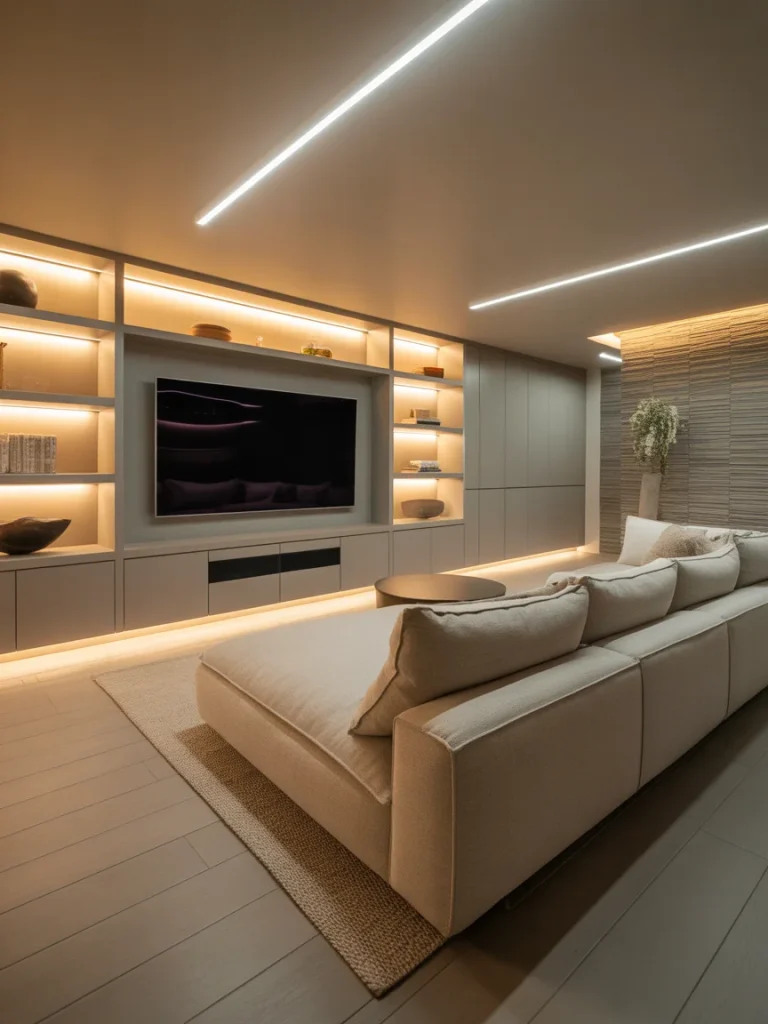 Modern basement TV wall with LED lighting and built-in shelving