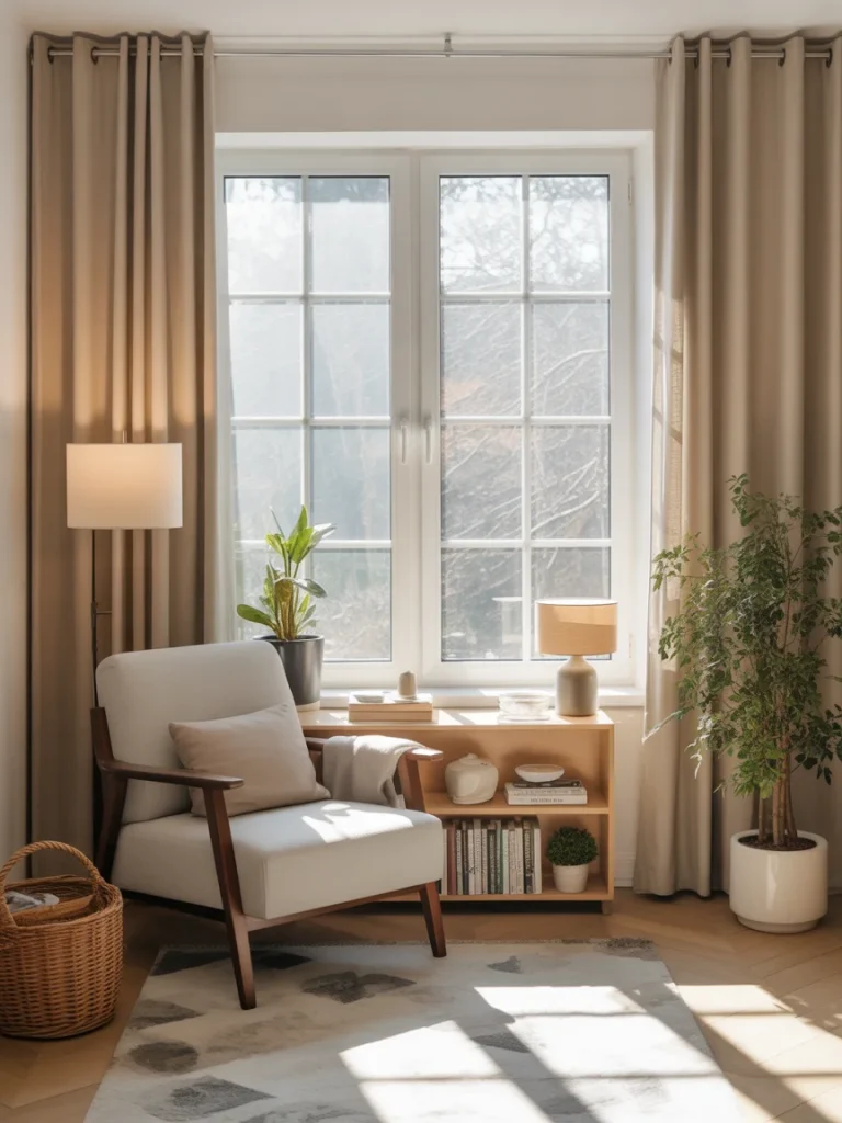 Cozy reading nook with armchair, bookshelf, and plants by a large window