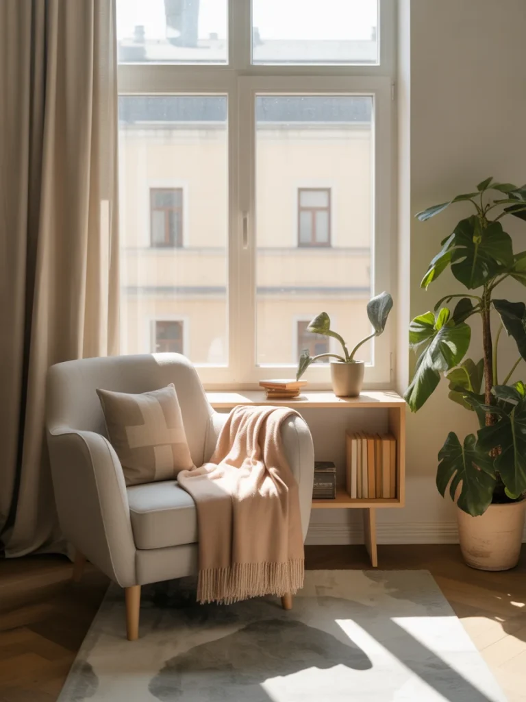 Cozy reading nook with armchair, throw blanket, and plant by a sunlit window