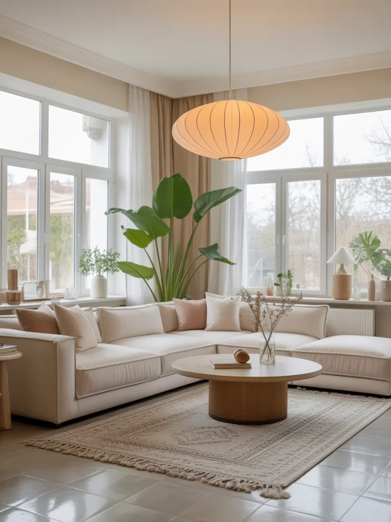Elegant dream living room with curved sectional sofa, round wood coffee table, and large windows