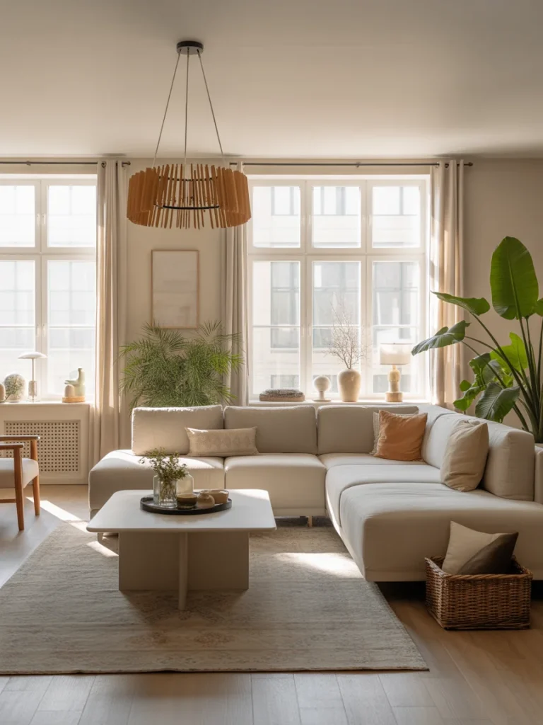 Bright modern dream living room with sectional sofa, large windows, and natural wood accents