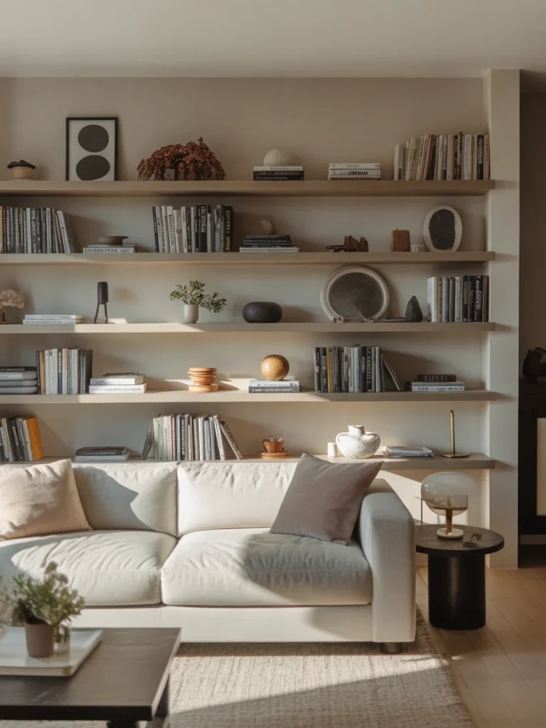 Neutral living room with wall-mounted floating shelves styled with books and decor