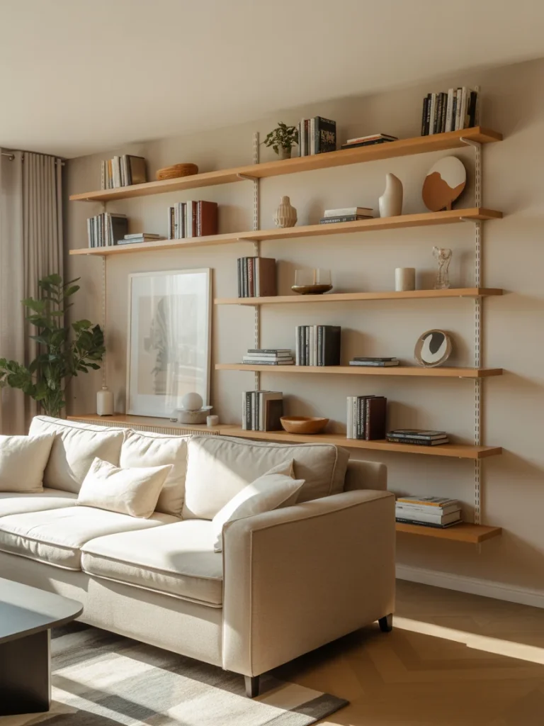 Modern living room with floating wall shelves styled with books and decor