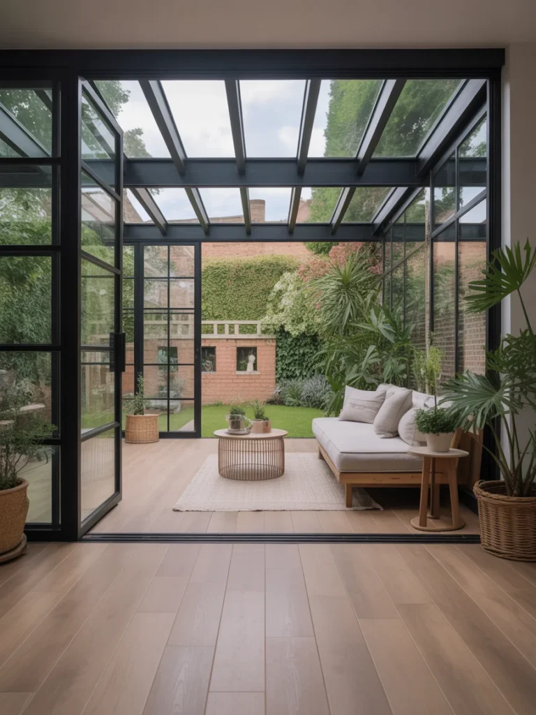 Contemporary garden room extension with glass roof, sliding doors, and indoor plants