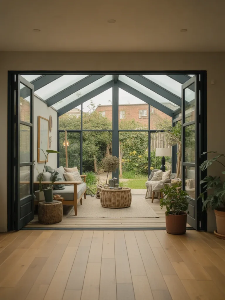 Modern garden room extension with glass walls, skylight roof, and cozy seating area