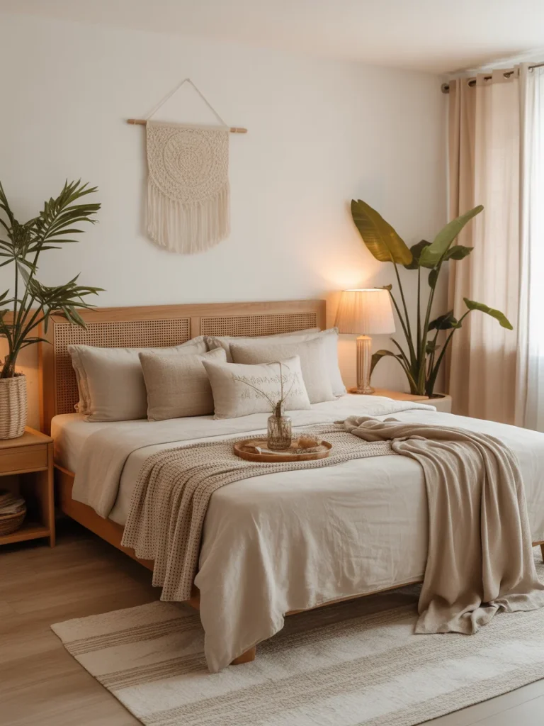 Minimal boho bedroom with neutral bedding and woven wall decor