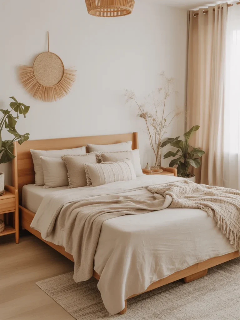 Minimal boho bedroom with neutral decor and natural textures