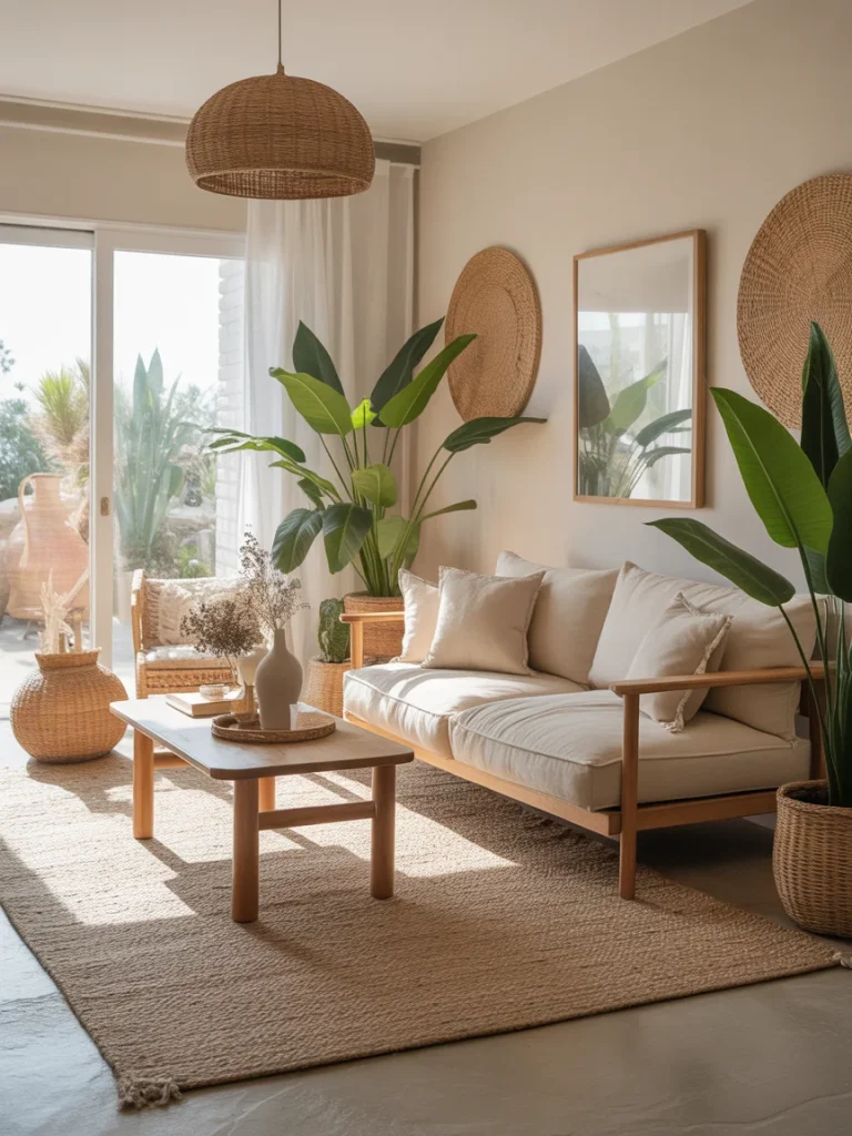 Modern boho living room with neutral sofa, woven decor, and indoor plants