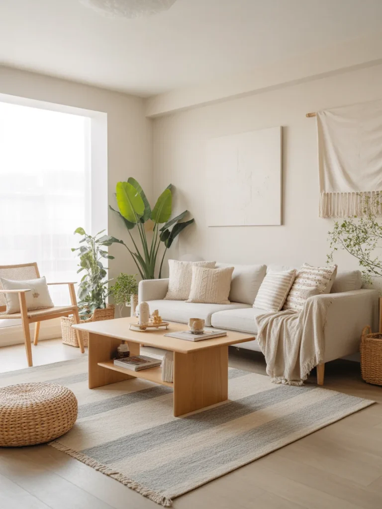 Modern boho living room with neutral decor, plants, and wooden furniture
