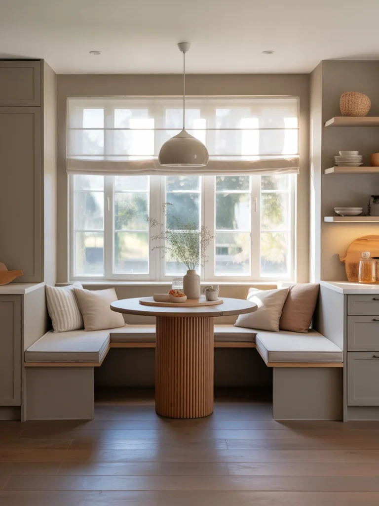 Modern breakfast nook with built-in corner bench seating and round pedestal table by a window