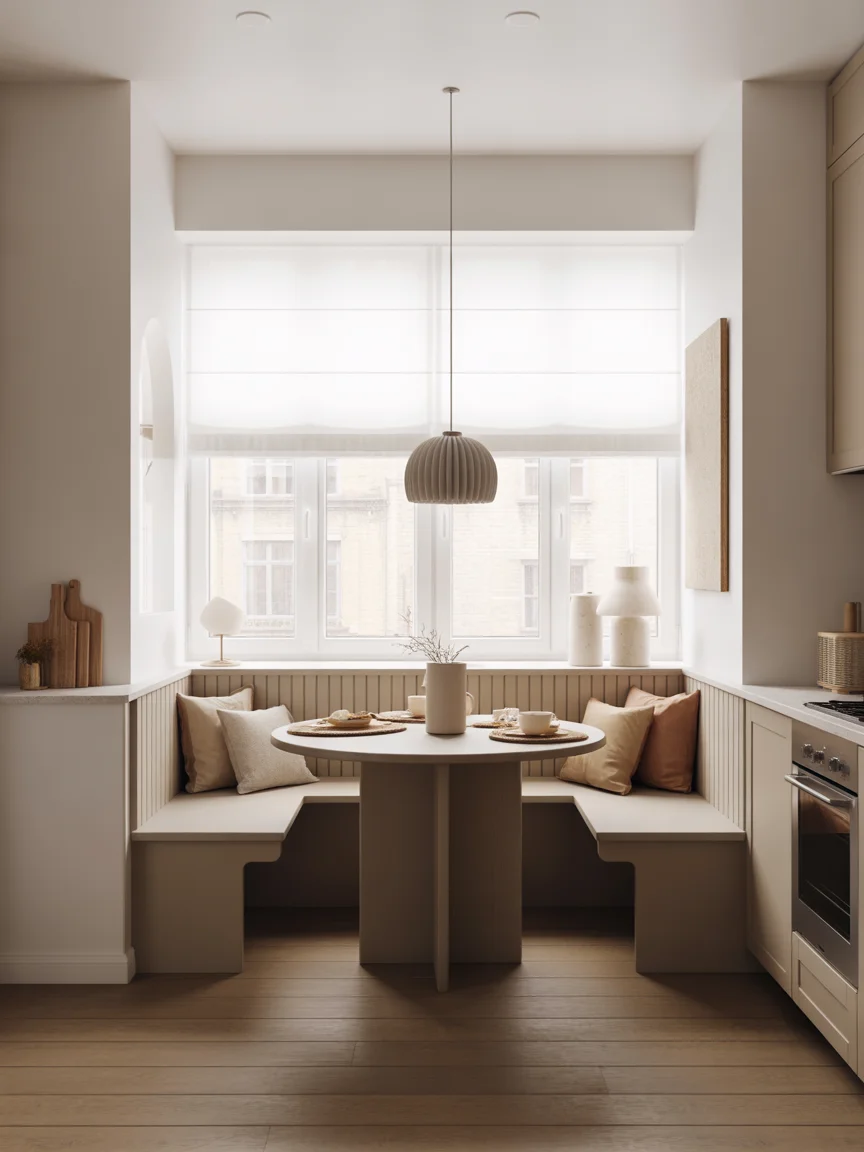 Modern minimalist breakfast nook with built-in bench seating and round table by a window