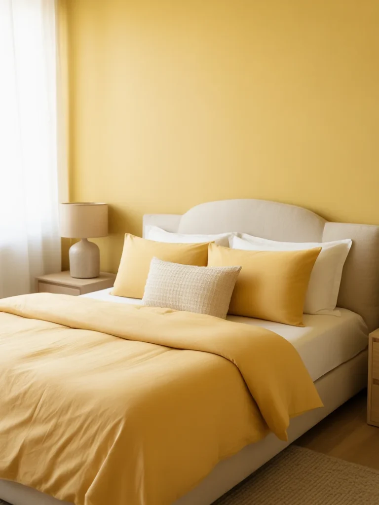 Bedroom with soft yellow walls and matching yellow bedding in a calm, minimalist style