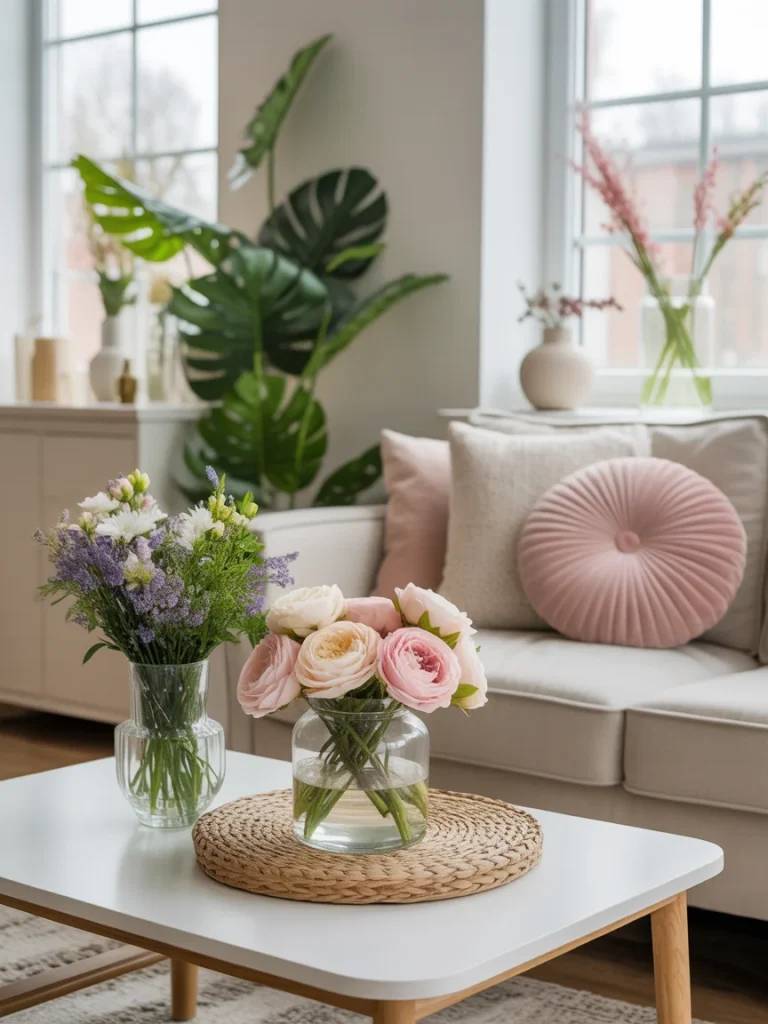 Spring living room decor with fresh flowers, pastel pillows, and natural textures