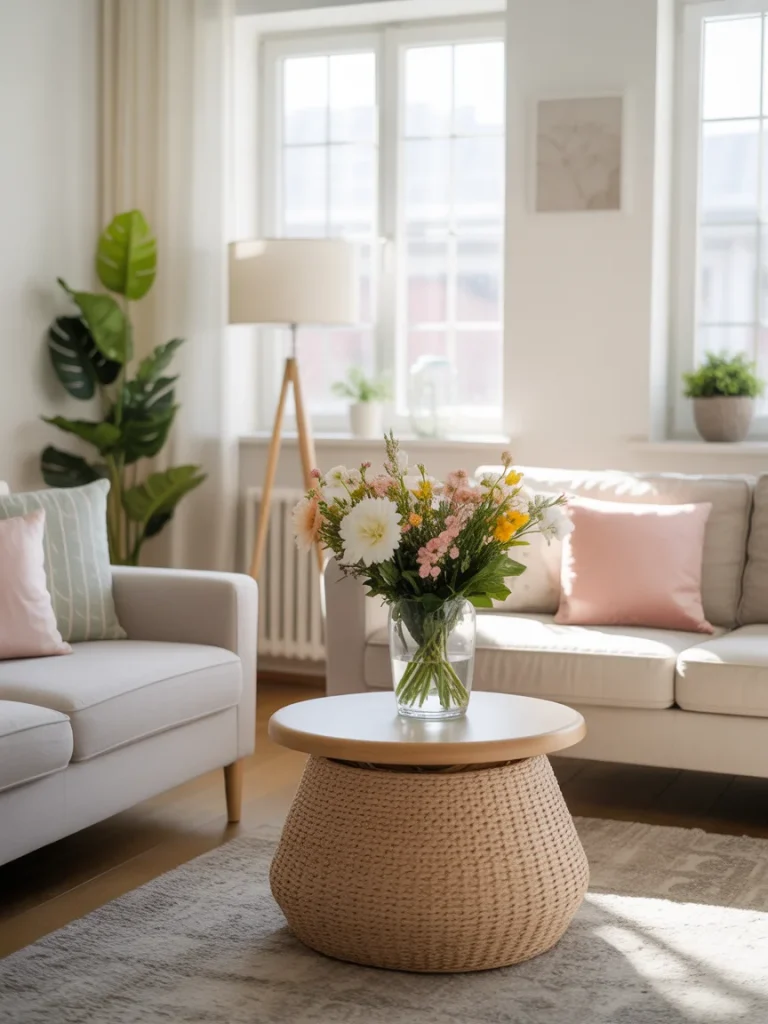 Bright spring living room decor with flowers on a coffee table and pastel accents