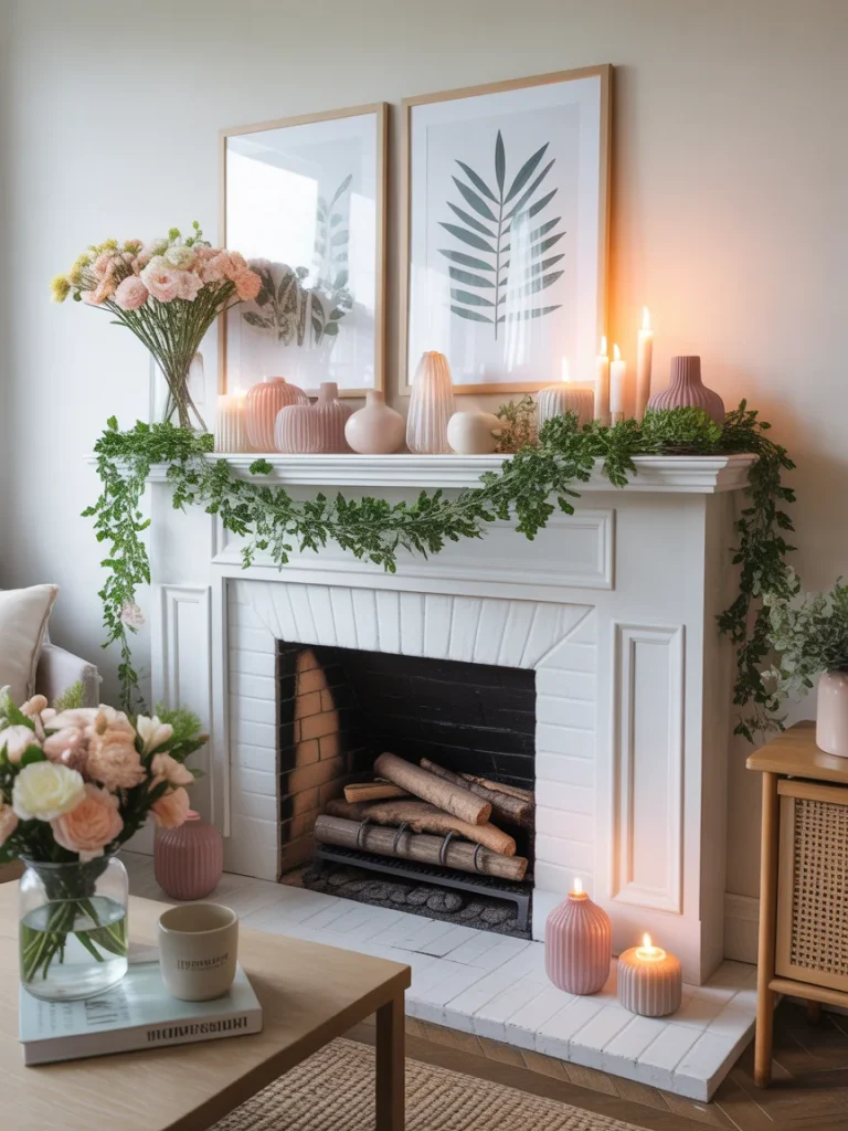 Spring mantel decor with greenery garland, pink vases, candles, and botanical wall art above white fireplace