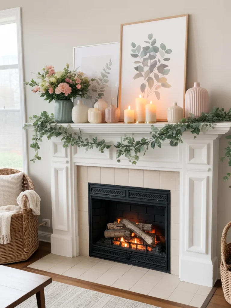 Spring mantel decor with greenery garland, candles, pastel vases, and floral arrangement above fireplace