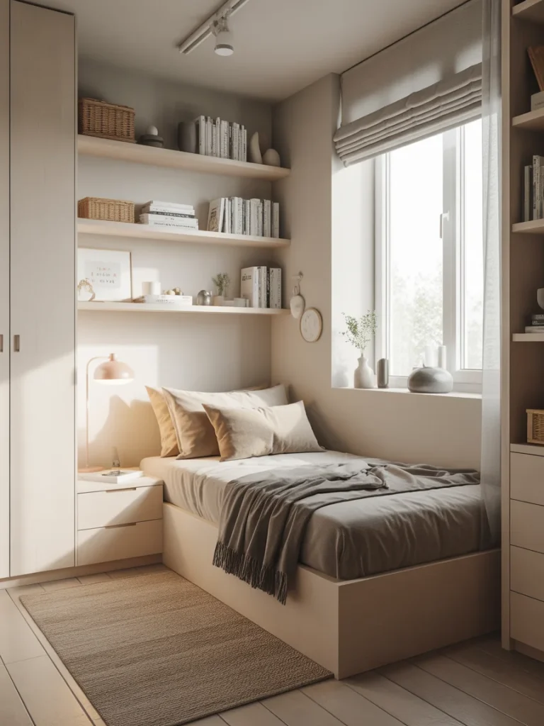 Tiny bedroom with built-in bed, floating shelves, and cozy neutral decor