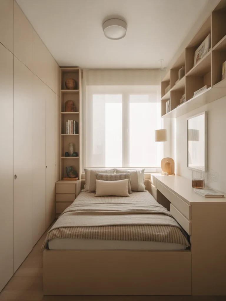 Tiny bedroom with built-in storage bed and minimalist shelving