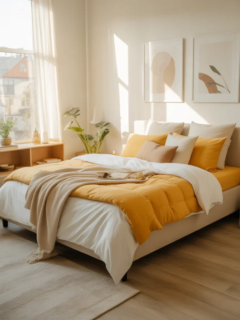Sunlit bedroom with yellow bedding and neutral decor accents