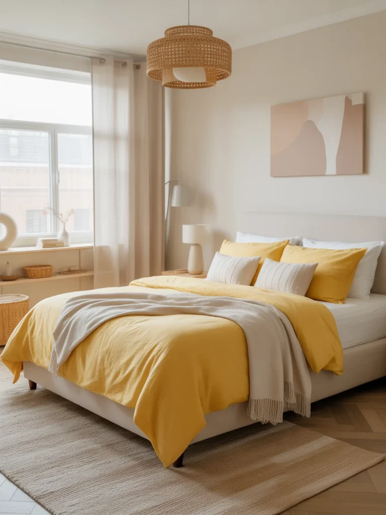Bright yellow bedroom decor with cozy neutral accents