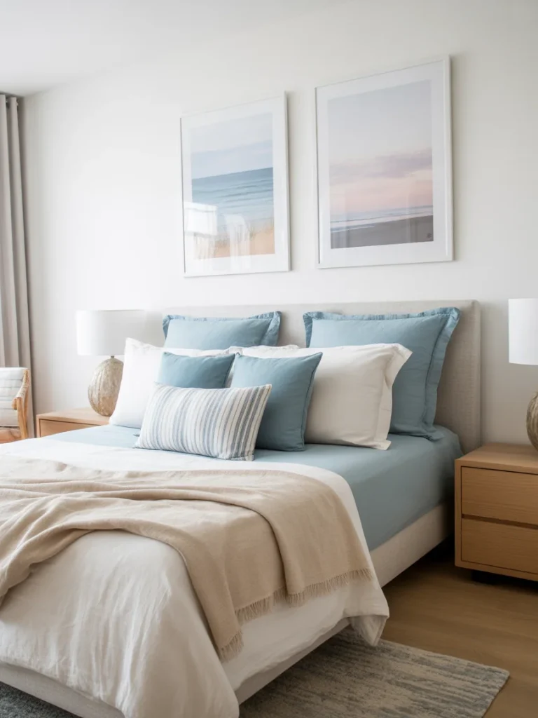Modern coastal bedroom with framed beach wall art and soft blue bedding.