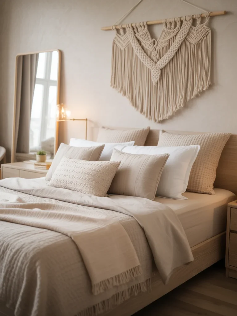 Neutral bedroom with macramé wall hanging above the bed.