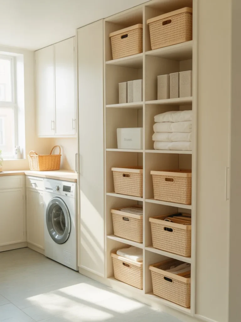 Laundry room shelving with decorative storage boxes and woven baskets for organization.