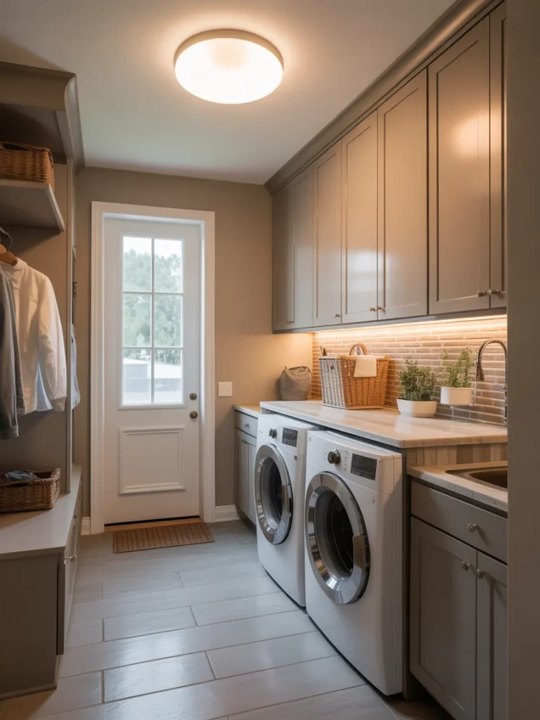 Laundry room with bright ceiling lighting and under-cabinet lights above washer and dryer.