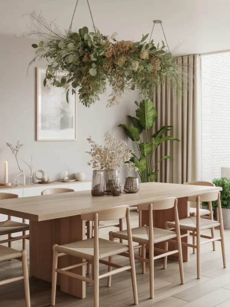 Dining room with greenery and natural elements, featuring a wooden table and hanging plants.