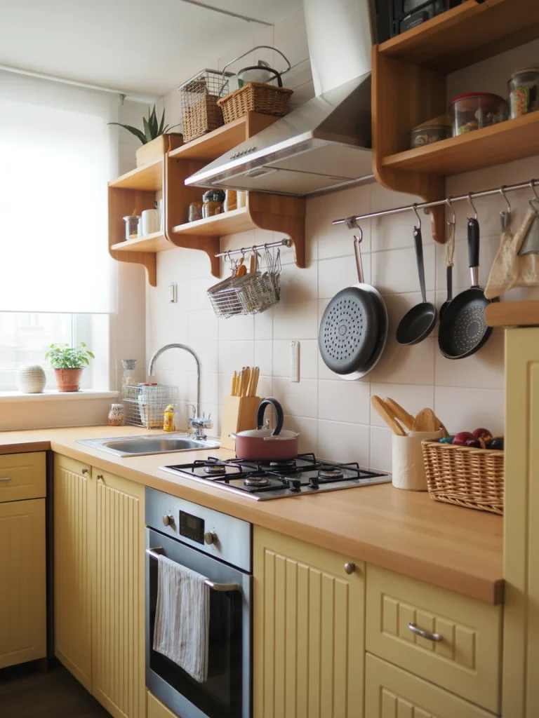 Small kitchen with hanging storage using wall hooks and rails for pots and utensils.