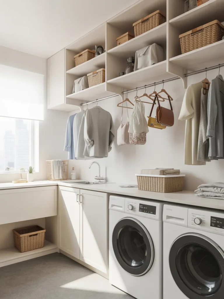 Laundry room with hooks and hanging rods below open shelves for clothes organization.